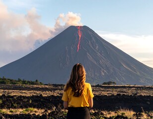 Woman observes erupting volcano, lava flowing down its dark slopes