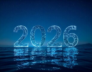 Glowing 2026 numbers in water under starry night sky, reflecting