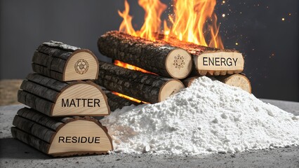 Firewood logs burning to white ash with energy residue