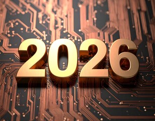 Golden "2026" digits on a circuit board, hinting at tech advancements