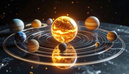 A glowing sun and planets orbit on a dark, textured cosmic background