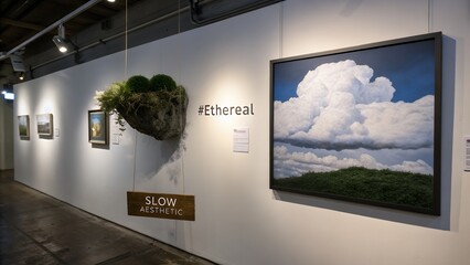 Gallery wall displaying art installation and landscape painting