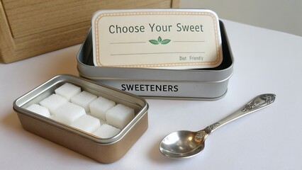 Metal tin filled with sugar cubes and sweetener label