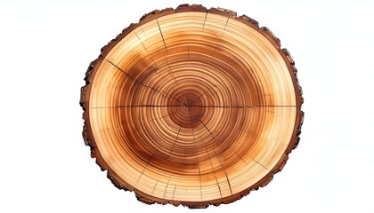 Cross-section of a tree trunk, showcasing growth rings against white
