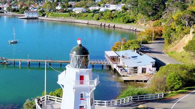 Aerial View of Akaroa Lighthouse and Coastal Bay in New Zealand