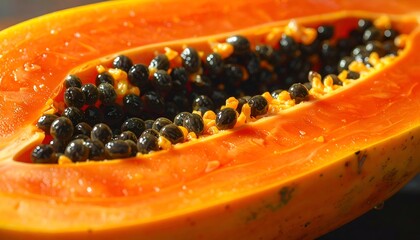 Close-up of a halved, ripe, orange fruit with black seeds inside