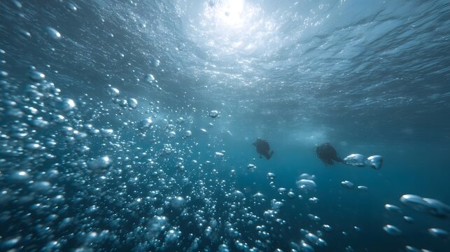 Two scuba divers ascend through a dense cloud of rising bubbles towards the sunlit ocean surface