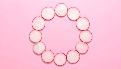 Sliced red radishes arranged in a circle on a soft pink background