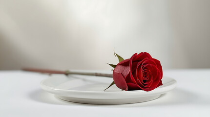 A single red rose is positioned delicately on a white plate, creating a striking contrast between the vibrancy of the flower and the simplicity of the dish.
