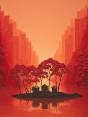 Serene Island Huts and Trees in a Stylized Landscape Sunset