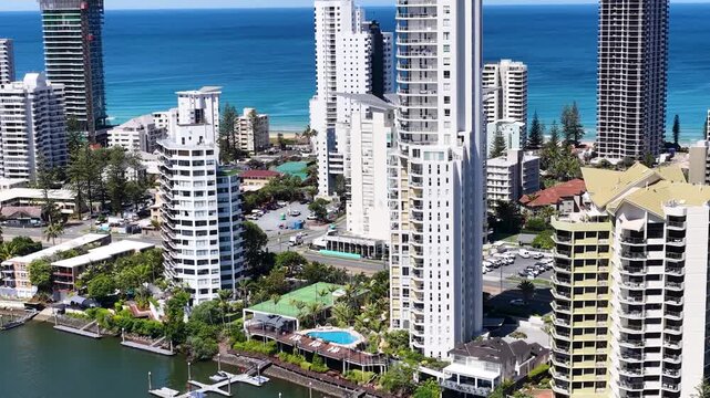 Aerial View of Coastal High-Rise Buildings and Waterfront Real Estate