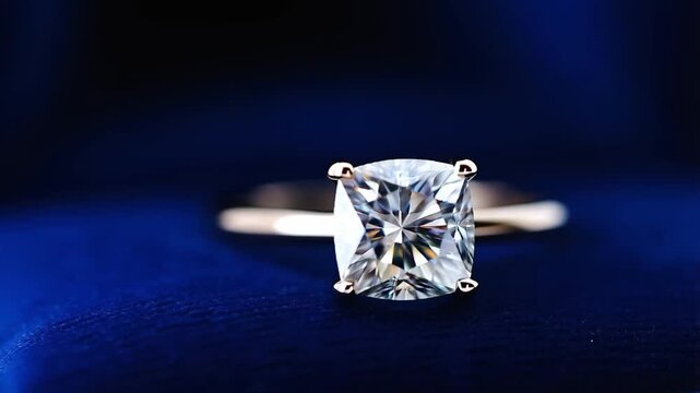 Diamond solitaire ring sparkling on dark blue velvet fabric under studio lighting, extreme close-up shot concept of luxury commitment and elegant proposal