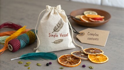 Simple handmade linen drawstring bag with decorative feathers