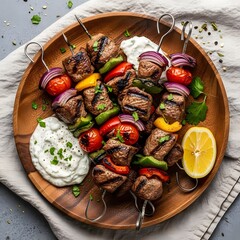 Grilled meat skewers with vegetables and tzatziki sauce on a wooden plate