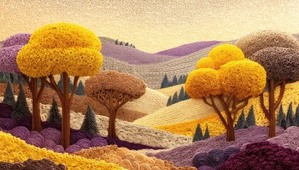 Textured Paper Art Landscape with Rolling Hills and Vibrant Autumn Trees