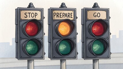 Traffic lights showing stop prepare and go signals