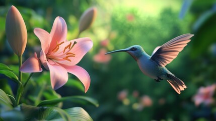 Flying Hummingbird with Pink Lily in Lush Green Garden Setting