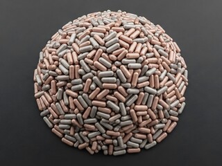 Capsule pile arranged spherically with silver and rose gold hue variation