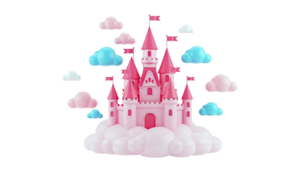 3D Pink Fairytale Castle on Clouds with Blue and Pink Clouds