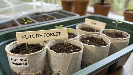 Young seedlings growing in paper pots indoors