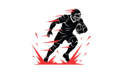 Fototapeta premium American football player running with ball, dynamic sports mascot vector illustration, black silhouette with red speed lines and splash effect