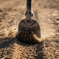 Close-up shot of a shovel digging into dry dirt ground during daytime