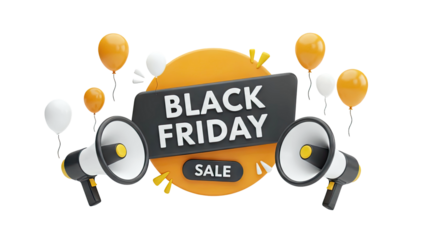 Black Friday Sale Announcement with Megaphones and Balloons