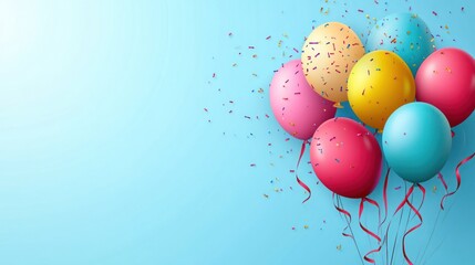 A vibrant collection of colorful balloons floats against a bright blue backdrop, adorned with confetti, creating a festive and celebratory atmosphere perfect for any joyous occasion