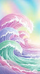 Colorful Ocean Waves Illustration with Pastel Gradient Background