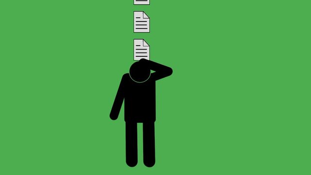 Exhausted businessman animation with documents falling on his head on green screen. Information overload and overwhelming work concept.
