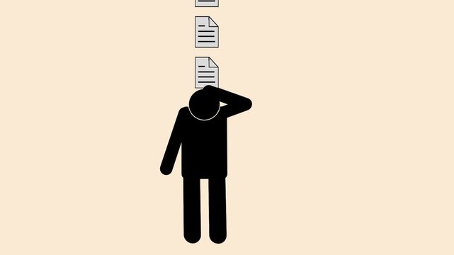 Exhausted businessman animation with documents falling on his head. Information overload concept. Overwhelming workload and mental stress scene.