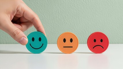 Hand selects happy smiley face over neutral sad options