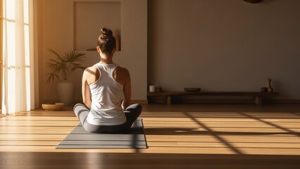 A woman sits in a peaceful meditative pose on a yoga mat in a sunlit room, embracing mindfulness and inner calm during a morning wellness routine