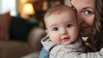 Mother Holding Adorable Baby with Smiling Face in Warm Home Setting