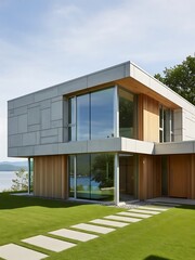 Contemporary lakefront home with modern architectural design elements