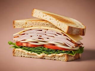 Delicious toasted turkey sandwich with fresh vegetables and cheese layers