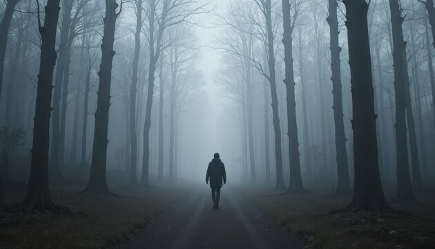Mysterious figure walking down a foggy forest path surrounded by tall trees