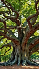 Ancient oak tree with sprawling branches and textured bark, bathed in soft light,  tree,  timber