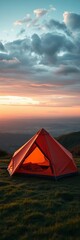 Cozy tent pitched on a grassy hill with a panoramic vista Evening glow,  sunset,  tent