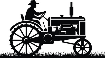 Fototapeta premium Farmer tractor silhouette driving vintage agricultural machine, rural farming lifestyle, countryside work tradition, classic equipment vector illustration black white design