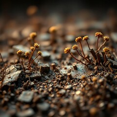 Rust blooms across a miniature metallic landscape, the slow unfurling of decay, rust,  miniature