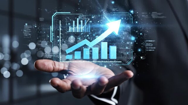 Businessperson holding hologram of growth chart with glowing upward arrow and bar graph over open hand offering opportunity futuristic finance business technology innovation graph and chart