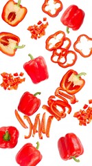 Vibrant Red Bell Peppers in Various Forms: Whole, Sliced, and Diced, Isolated on White for Culinary Design