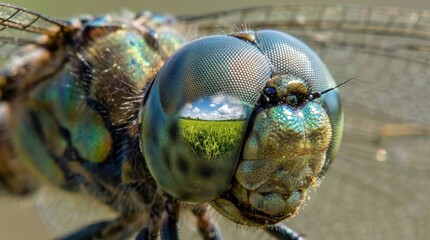 Extreme macro close-up of a dragonfly eye showing detailed hexagonal patterns and nature reflection