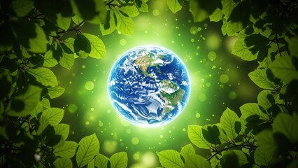 Glowing earth protected by lush green nature leaves