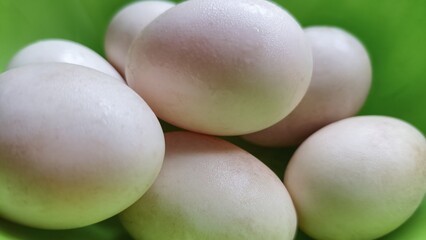Fresh raw white duck eggs piled in green bowl close up.