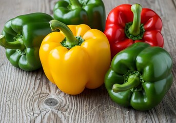 Vibrant green yellow and red bell peppers arranged on rustic wooden surface for healthy eating and culinary inspiration