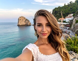 Woman smiles for a selfie on coastal cliffs