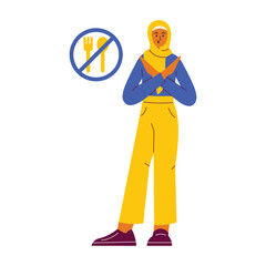 Muslim Woman in Hijab with Crossed Arms Indicating Fasting.