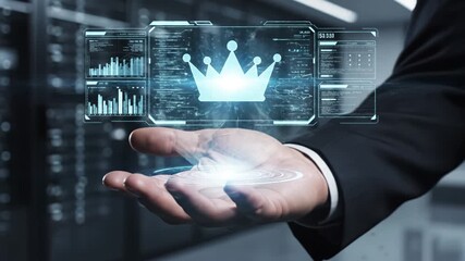 Businessman hand holding hologram crown interface with dashboard chart data analytics technology server holographic data interface server room cyber security digital network display futuristic - Powered by Adobe
